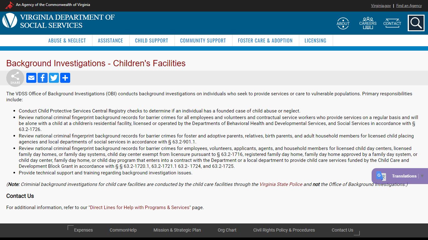 Background Investigations - Children's Facilities - Virginia